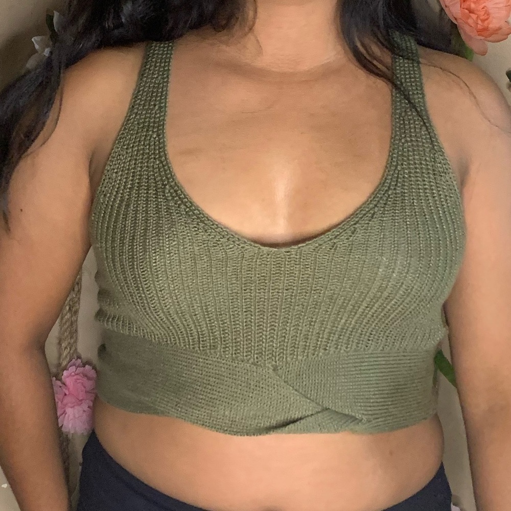 Chunky knit dark olive wrap soft hippie crop top